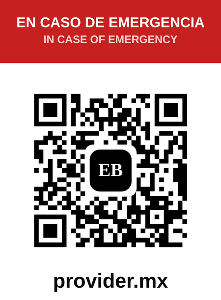 Calcomanía de ejemplo de Biker QR, con el aviso EN CASO DE EMERGENCIA. Escanéala para ver una ficha de muestra.